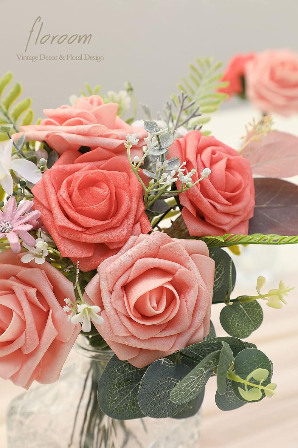 Floroom Artificial Flowers 50pcs Real Looking Mixed Living Coral Foam Fake Roses with Stems for DIY