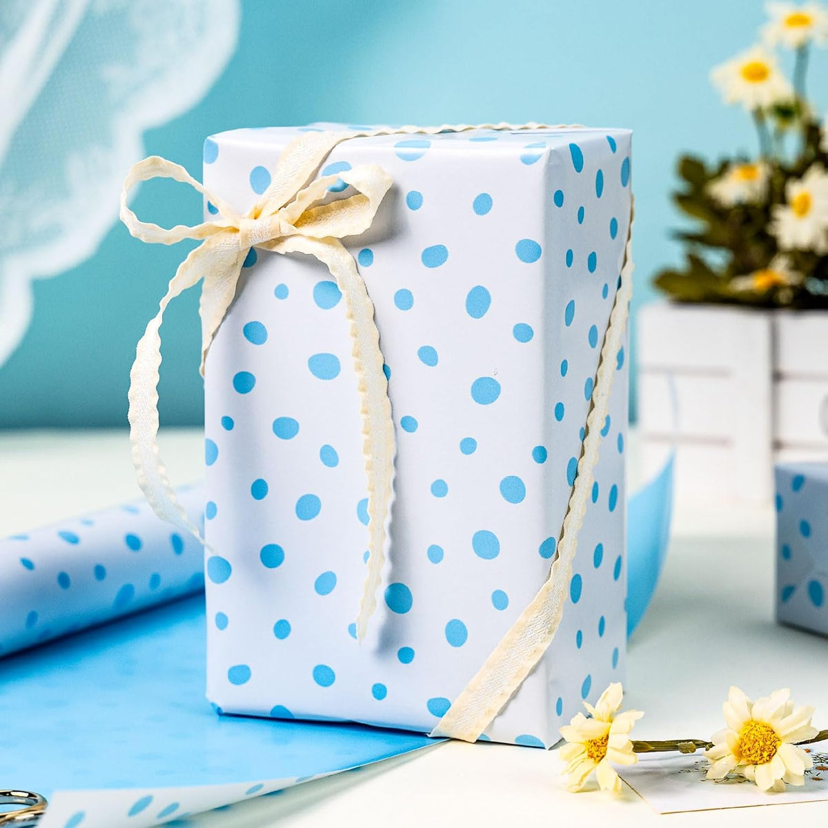 Burymento Blue Lrregular Wave Point Wrapping Paper, Reversible Gold Gift Wrap for Birthday