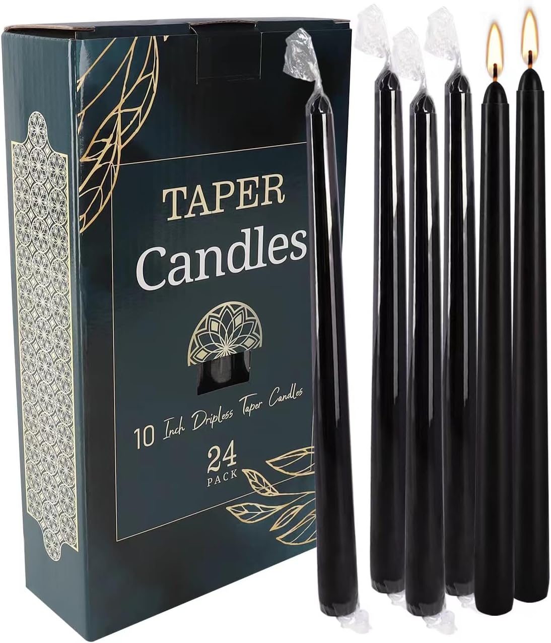 24 Pack Black Taper Candles, 7-8 Hours Burn Time, Unscented, Smokeless and Dripless, 0.75 x 10 Inch