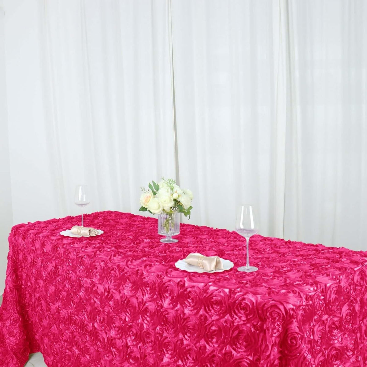 Efavormart 90"x132" Wholesale Rectangle Table Cover Fushia Grandiose Rosette 3D Satin Tablecloth