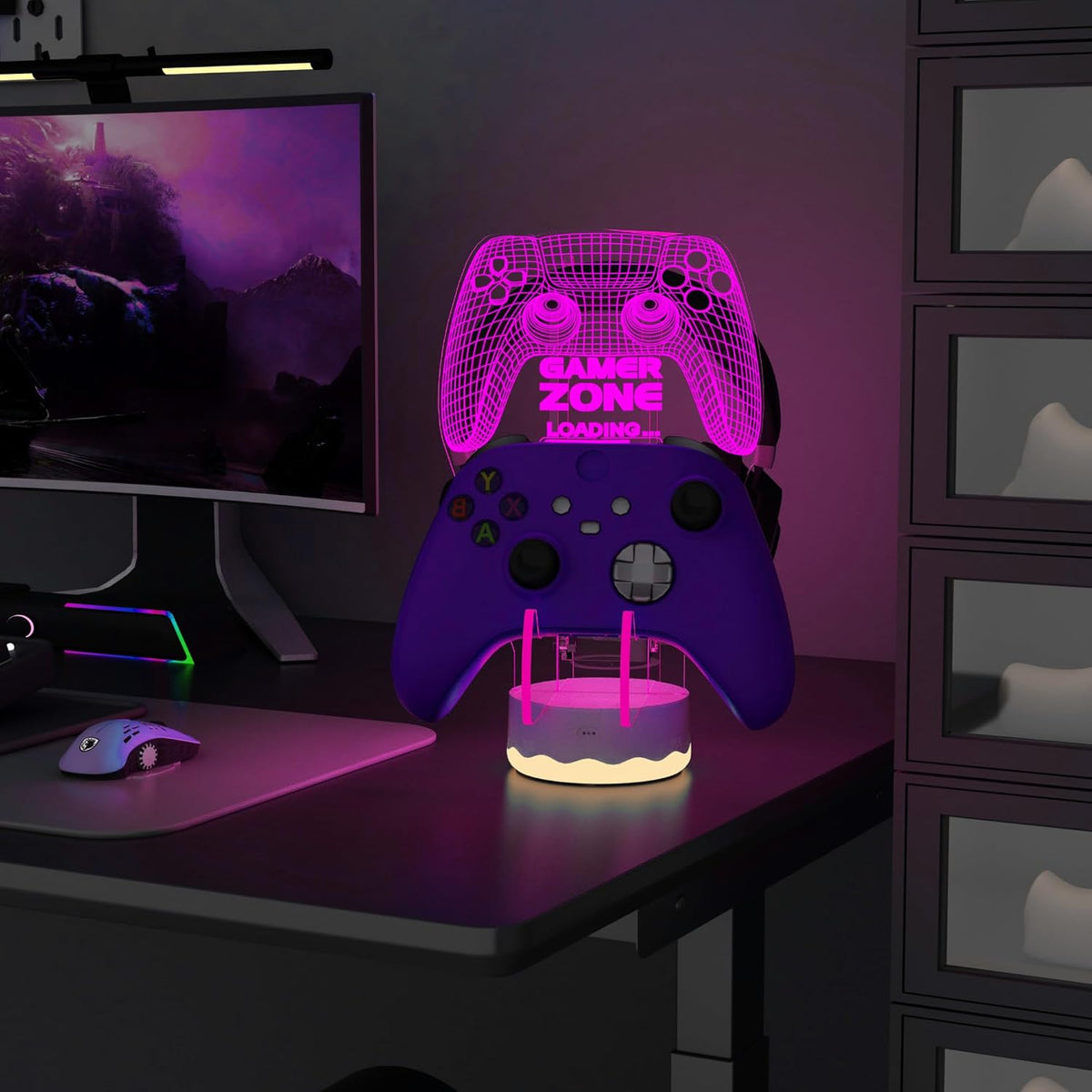 Light up Headset and Controller Stand, 16 Colors 3D LED Lights Gamepad Headphone Holder with Remote