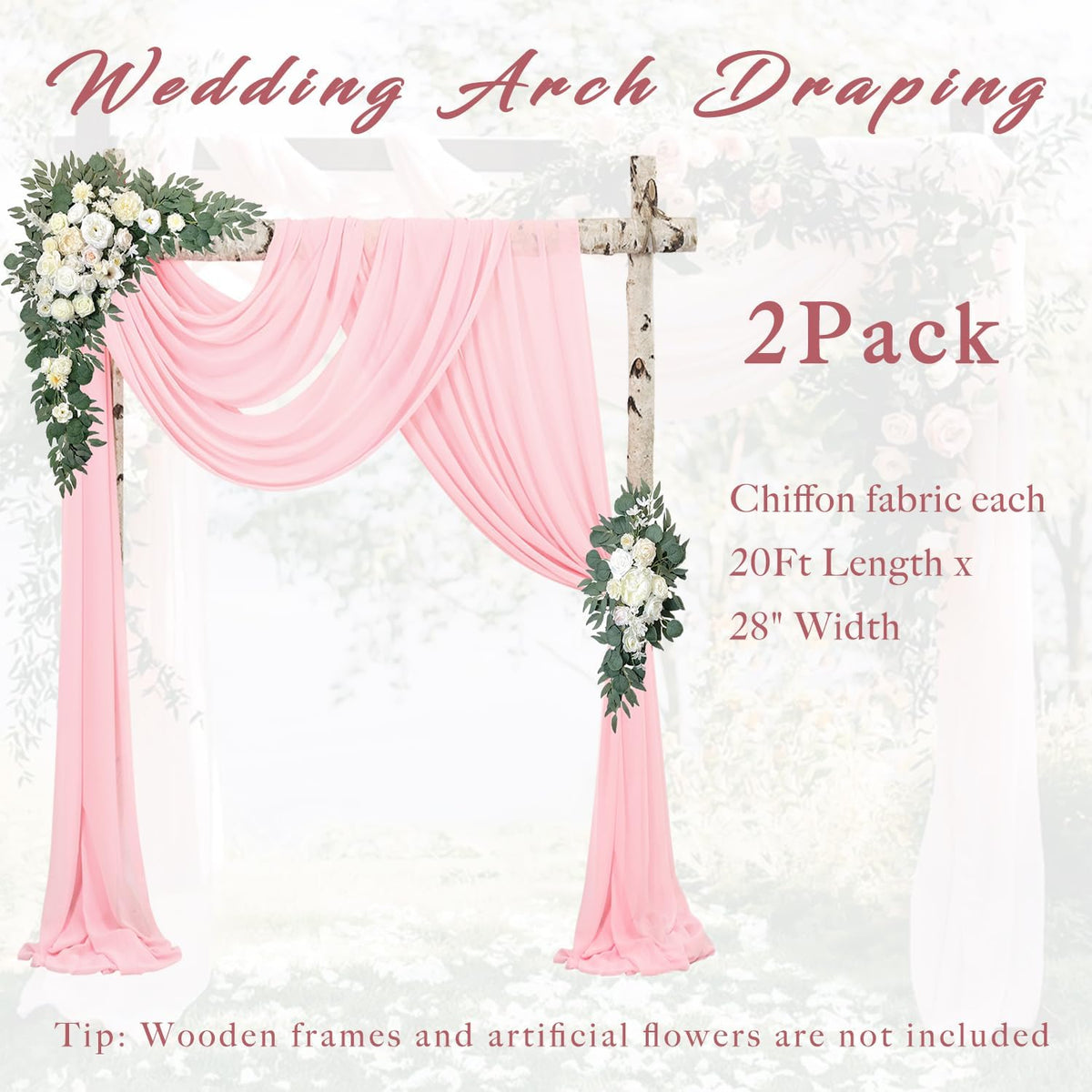 2 Panels Wedding Arch Draping Fabric 20Ft Length x 28" Width Light Pink Arch Drapes Chiffon Fabric