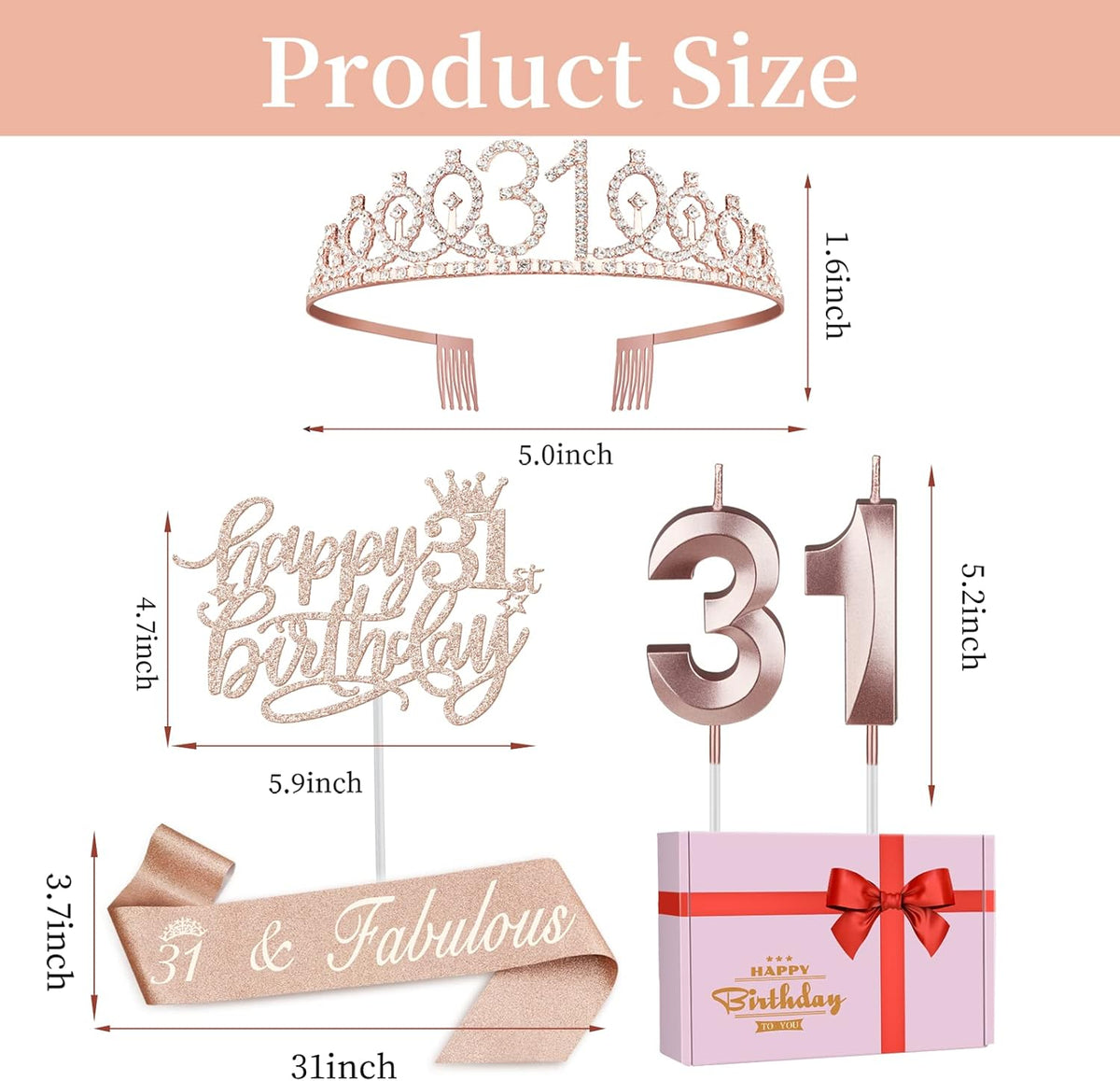 31 Birthday Decorations for Women Including Birthday Sash, Crown/Tiara, Numeral Candles and Cake