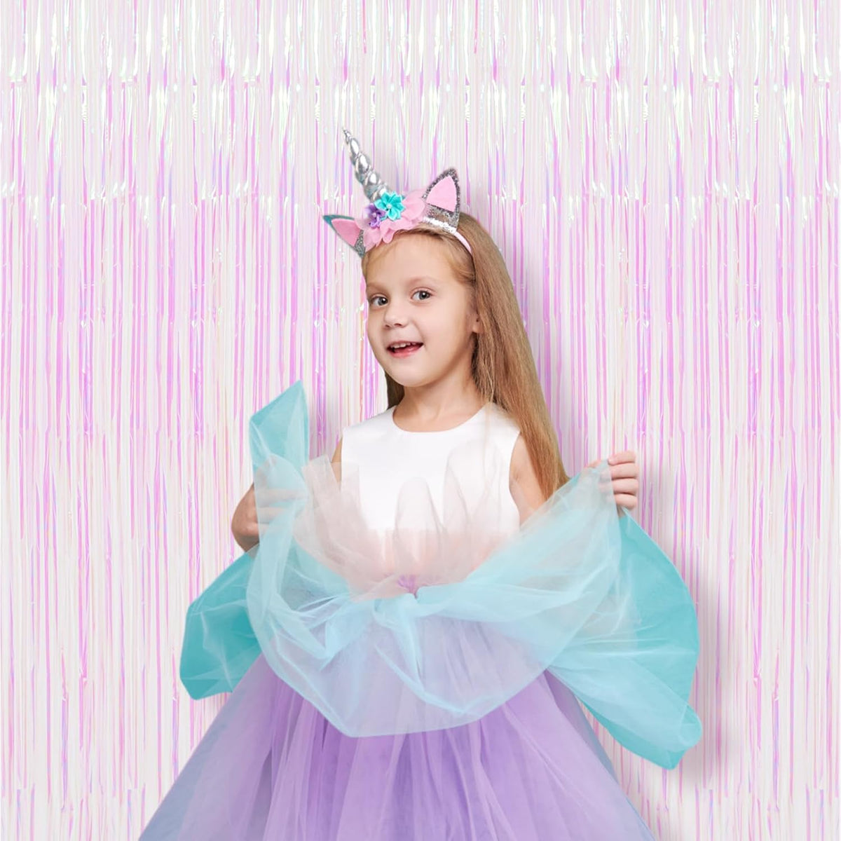 2 Pack Iridescent Tinsel Foil Fringe Curtains, Iridescent Party Decorations, Metallic Tinsel Party