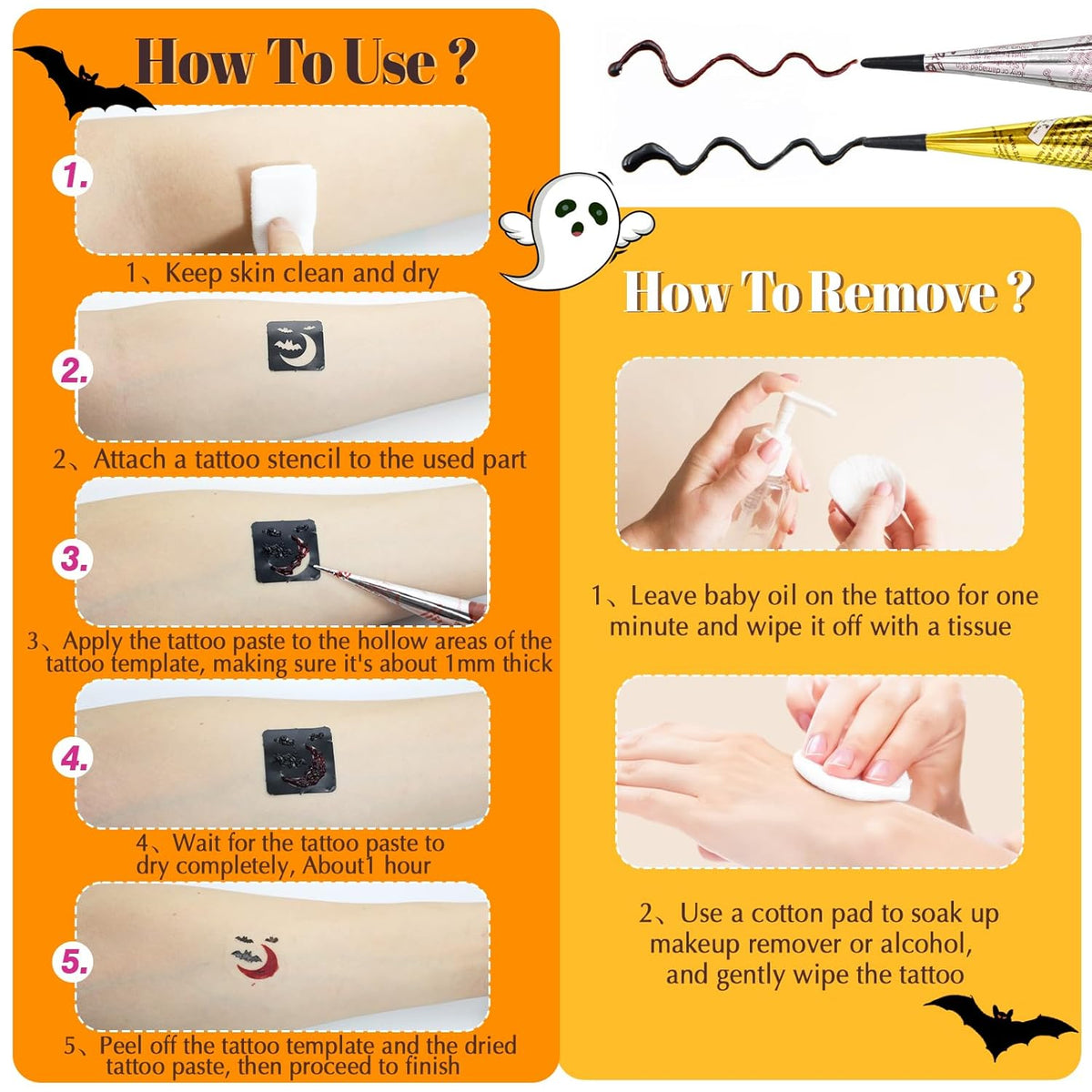 Halloween Temporary Tattoos Stencils Kit,Temporary Tattoos Kit - 4 Pcs 4 Color(Maroon,Black,Cherry
