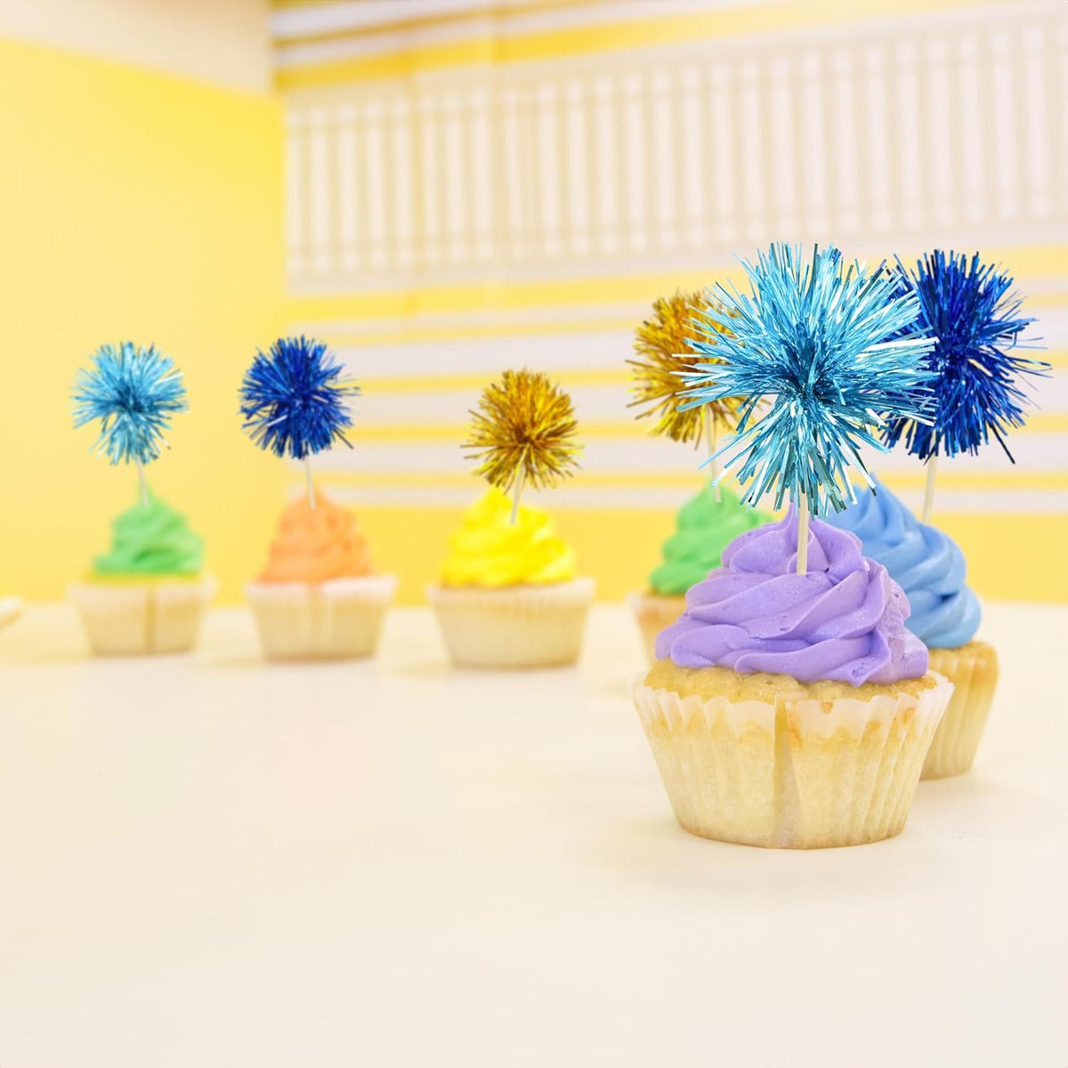 Gyufise 30Pcs Foil Firework Cupcake Toppers Sparkle Tinsel Cake Toppers Tinsel Drink Cake