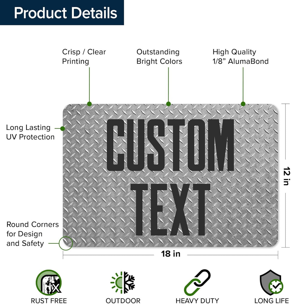 Custom Sign, Custom Street Sign, 11 Font Colors, 13 Font Styles, 4 Hole Options, 22 Sizes, 12x18