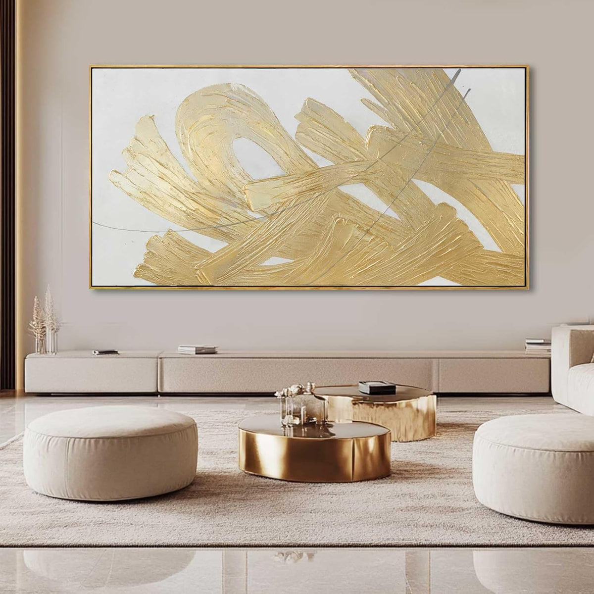 XIANSHOU White and Gold Wall Painting Neutral Wall Decor Modern Abstract Wall Art Minimalist Art