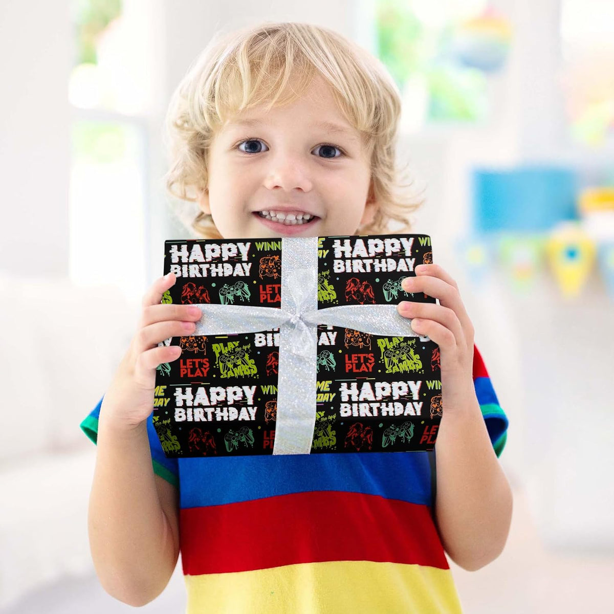 Aimyoo Gaming Birthday Wrapping Paper Roll - 17 Inch X 16.4 Feet - Black Happy Birthday Video Game