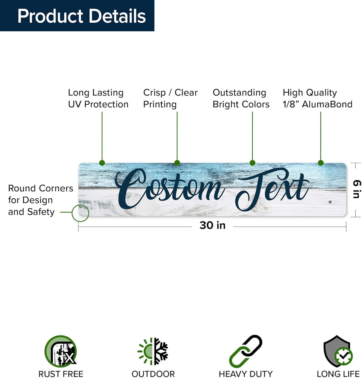 Custom Sign, Custom Street Sign, 11 Font Colors, 13 Font Styles, 4 Hole Options, 22 Sizes, 6x30