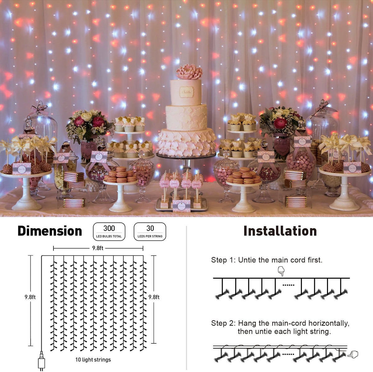 JMEXSUSS 300LED Red and White Christmas Curtain Lights with Remote, 9.8x9.8ft Christmas String