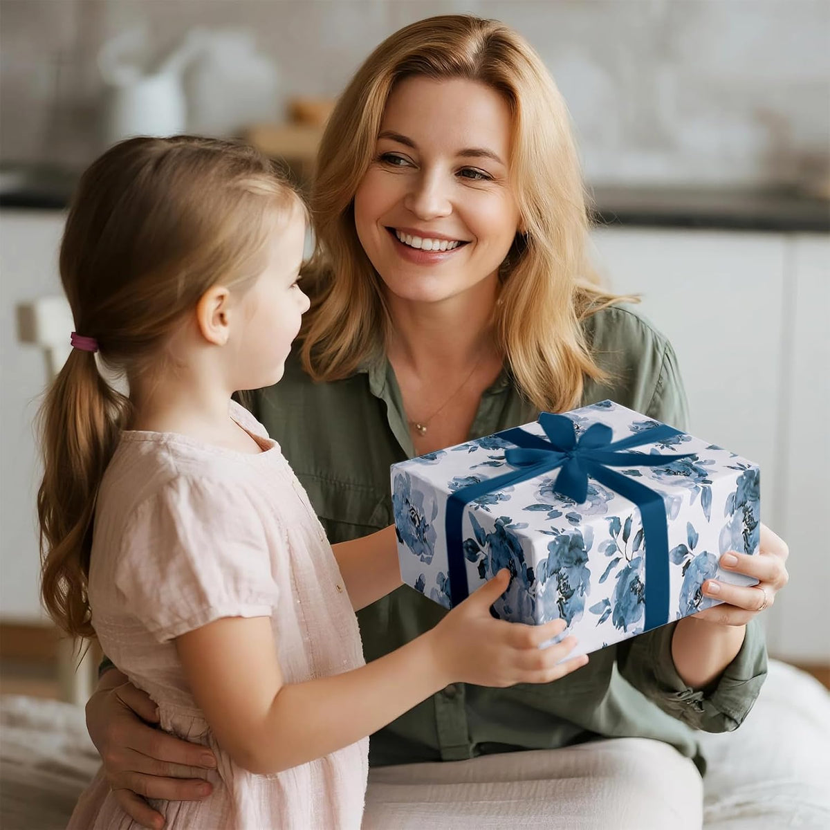 RUSPEPA Reversible Floral Wrapping Paper for Girls Women, Mini Roll, Watercolor Blue Floral and