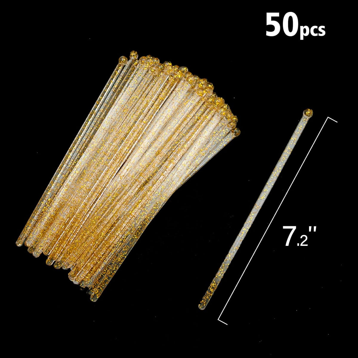 50-PCS Gold Glitter Plastic Swizzle Sticks, Crystal Cake Pops, Cocktail Coffee Drink Stirrers