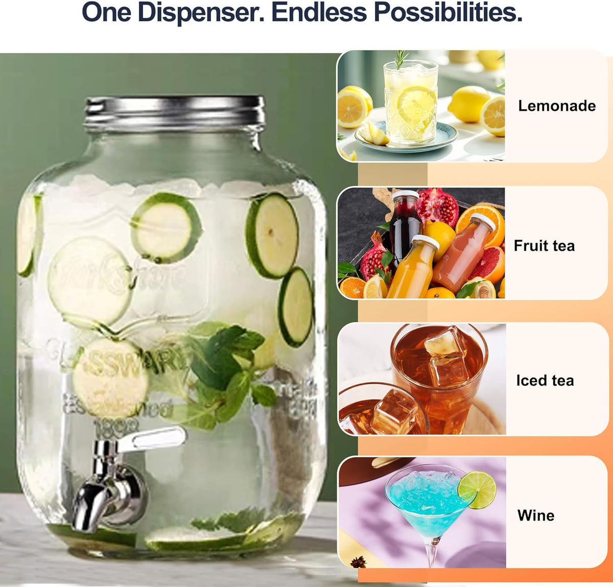 2 Gallon Drink Dispensers for Parties, 2 Pack Beverage Dispensers with Stand, Glass Water Jug