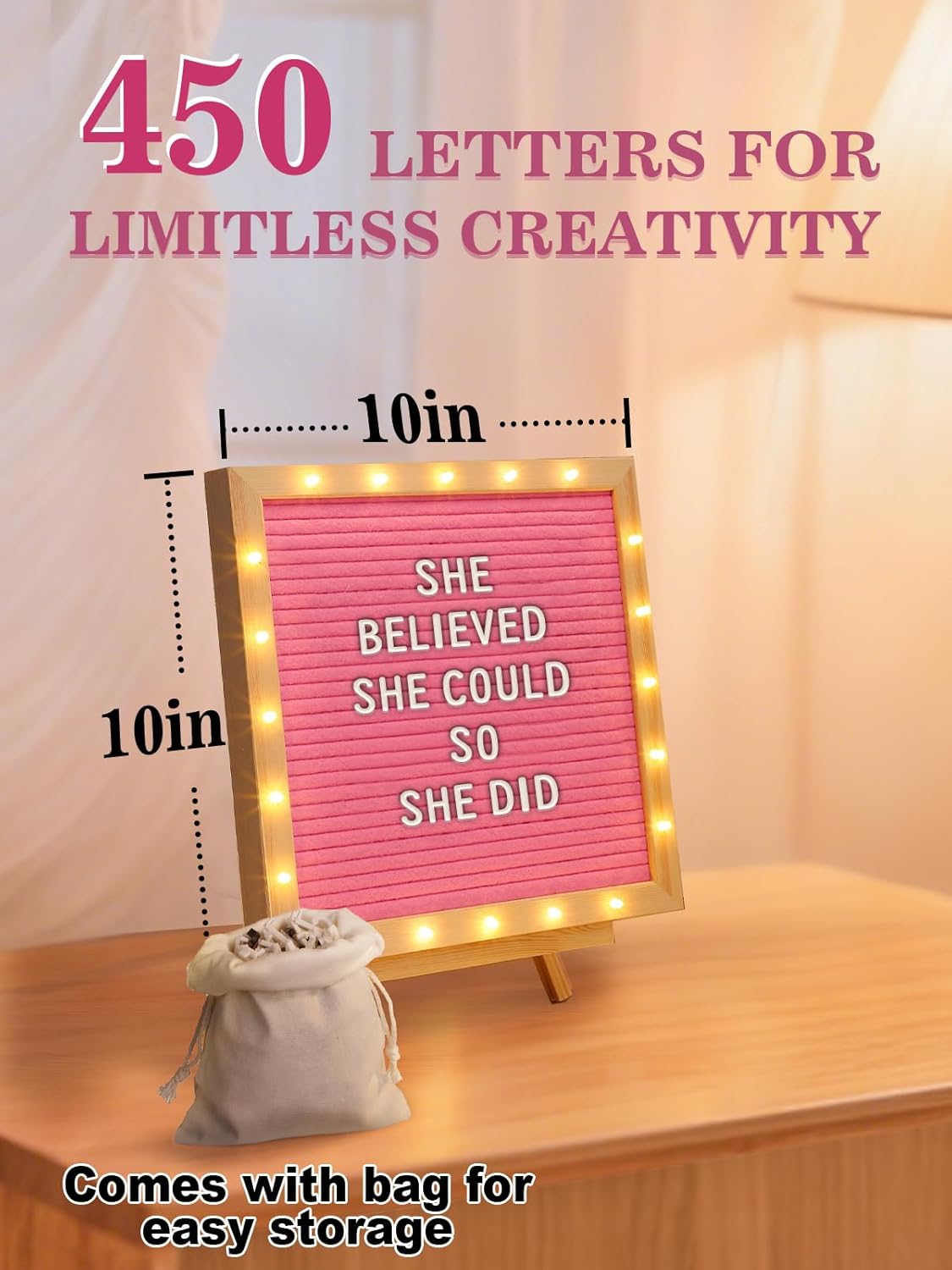 Light up Changeable Felt Letter Board Sign with LED Lights - 10×10" Message Board& Wood Stand& 450