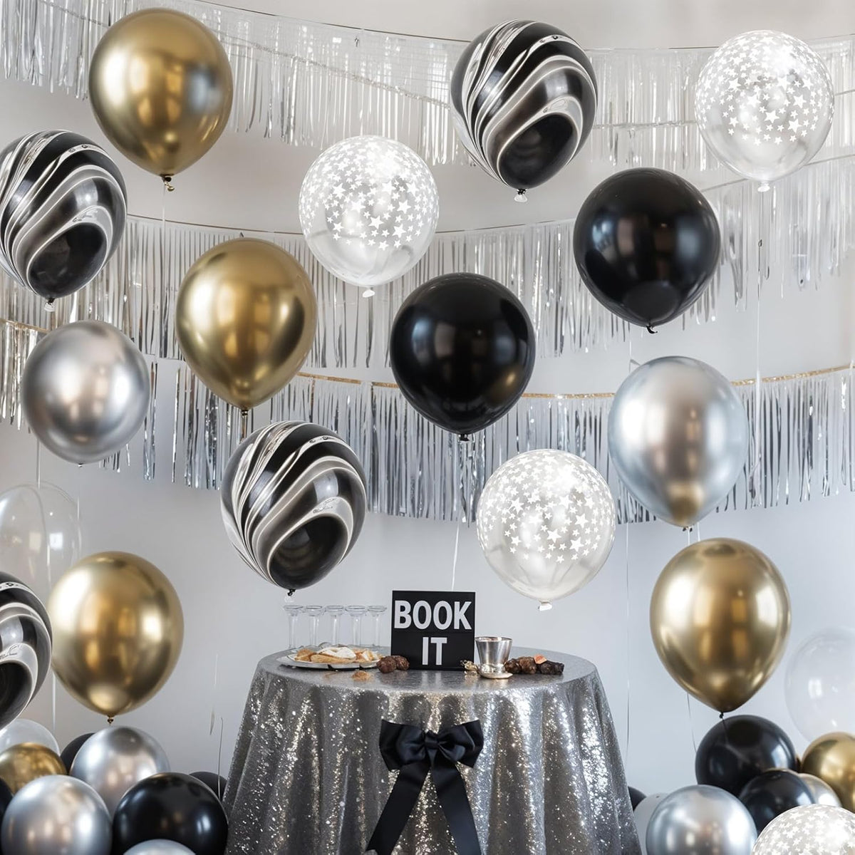 Black Gold Silver Balloon Set, 12 Inch Marble Black and Metallic Chrome Gold Silver with Clear Star