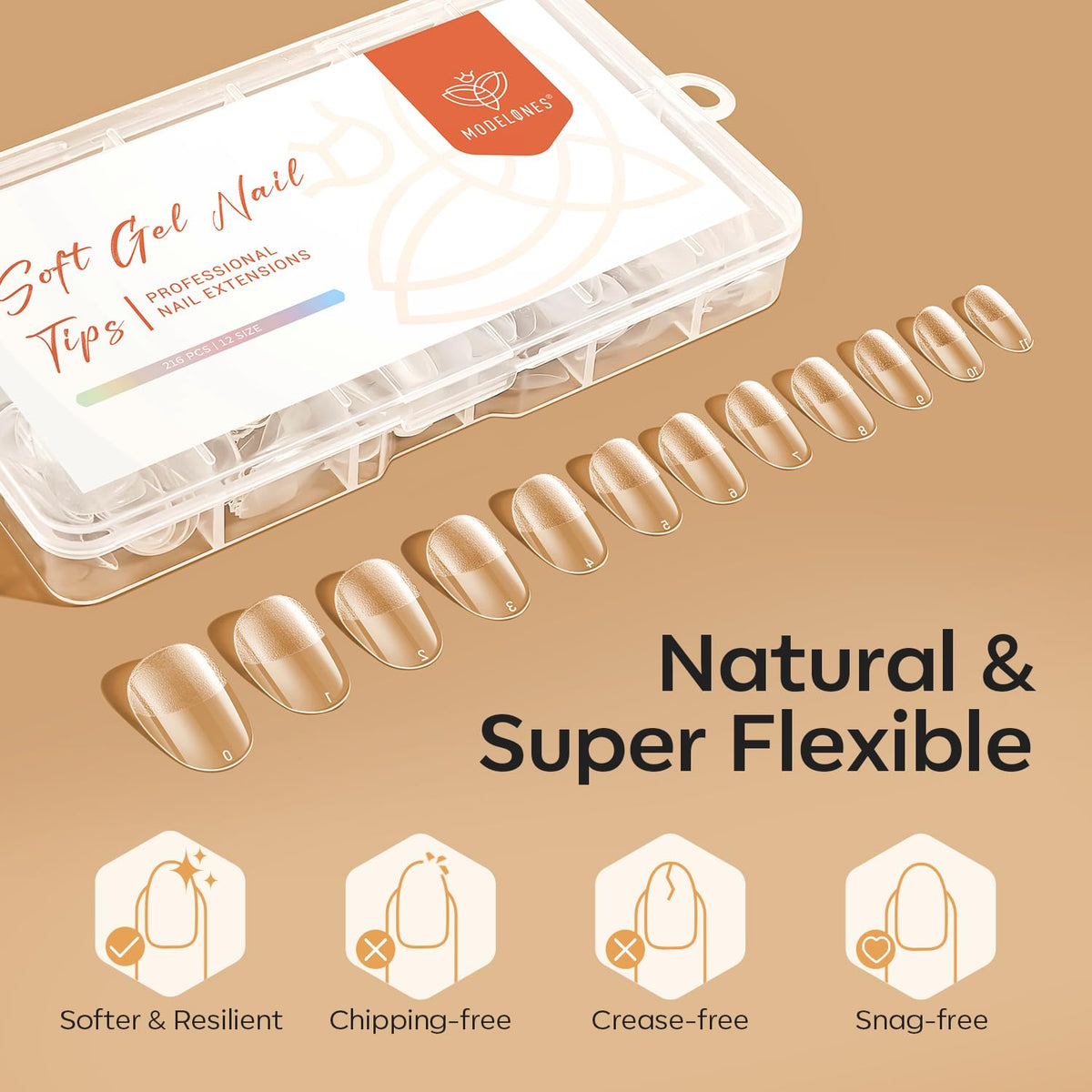 modelones Short Oval Nail Tips, Pre-shaped Soft Gel Tips Fake Nails False Acrylic Clear Full Cover