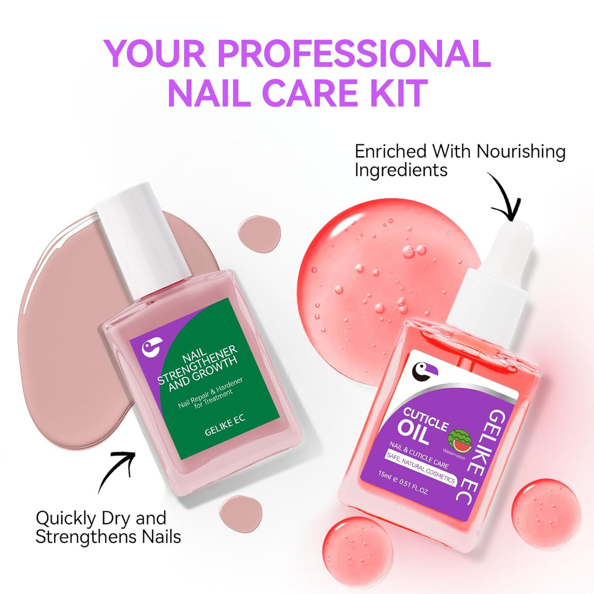 Gelike EC Professional Nail Care Kit: Nude Nail Strengthener and Growth & Watermelon Cuticle Oil