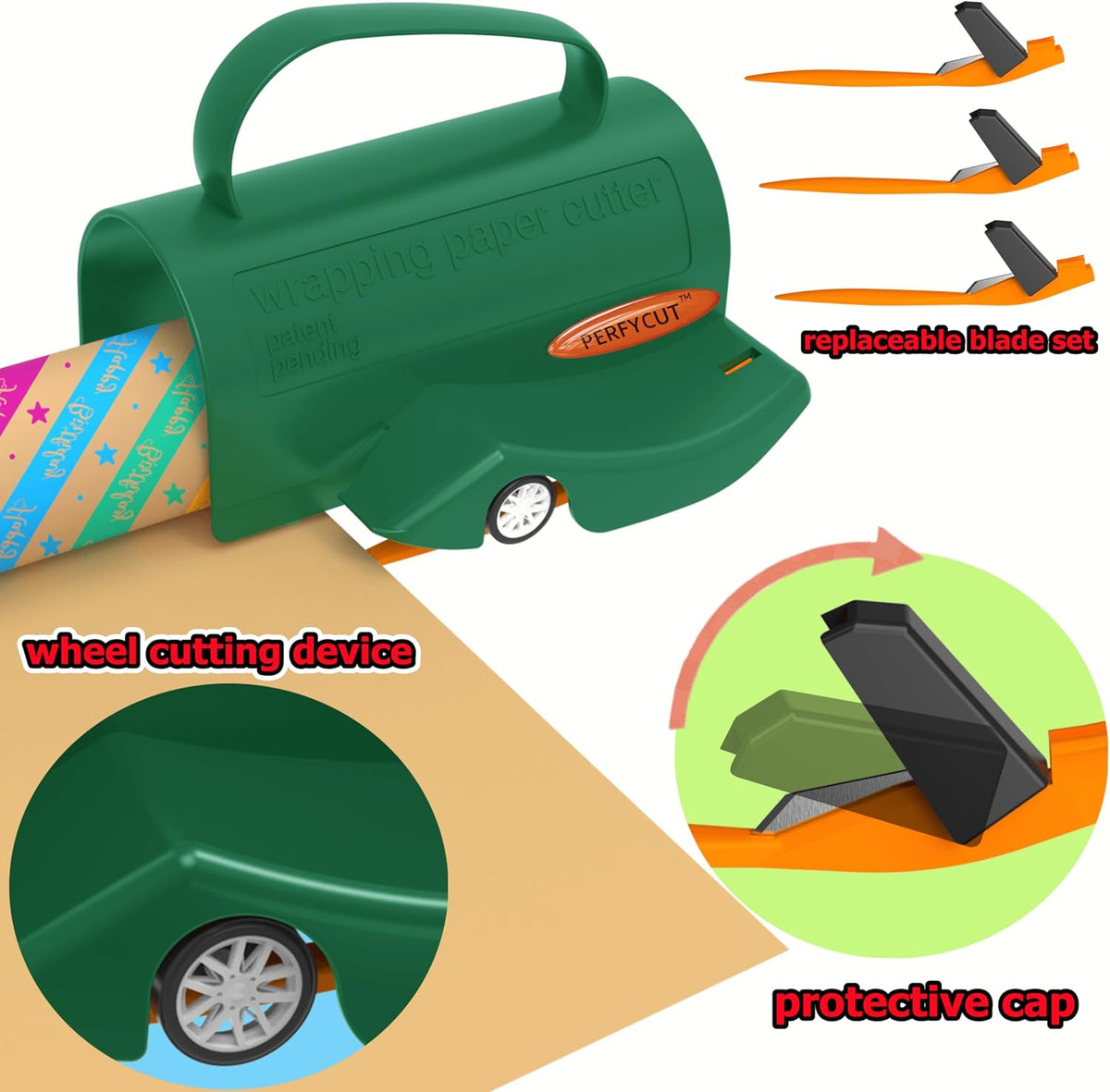 Wrapping Paper Roll Cutter Tool with 3 pcs Replaceable Blade Kit Gift Wrapping Paper Cutter for