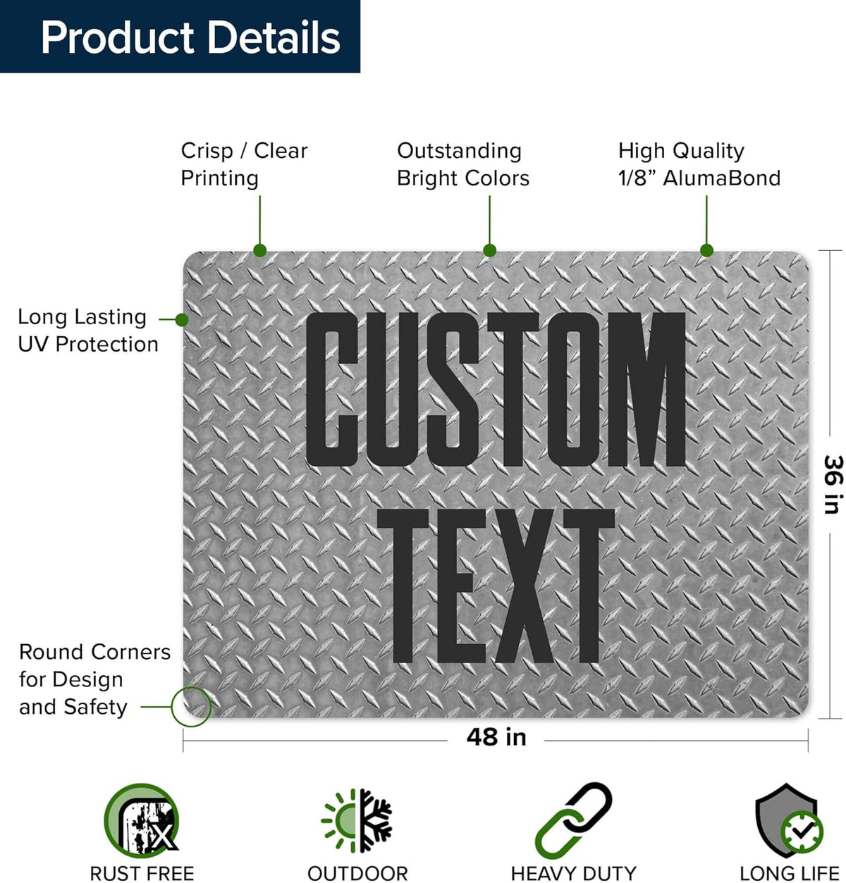 Custom Sign, Custom Street Sign, 11 Font Colors, 13 Font Styles, 4 Hole Options, 22 Sizes, 36x48