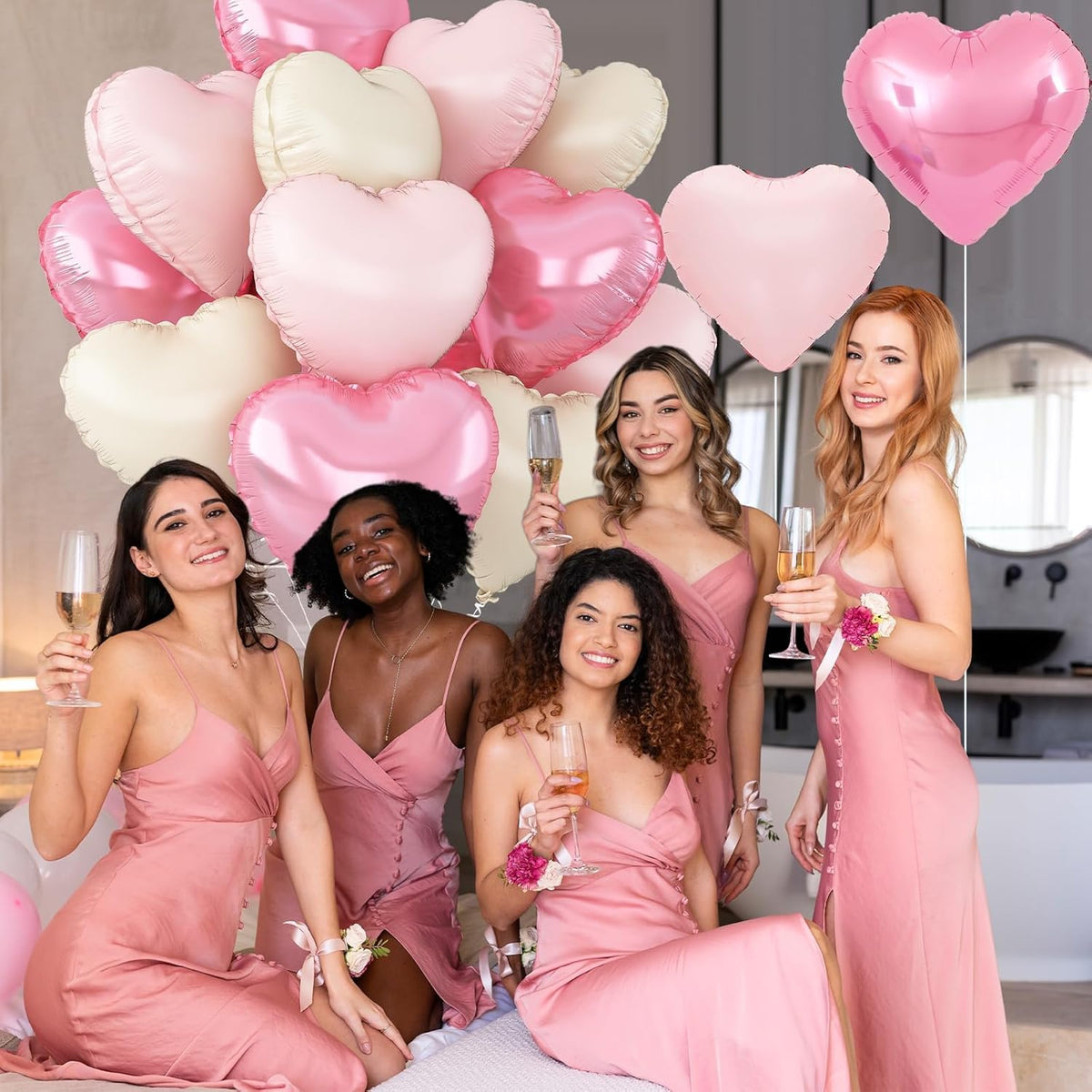 Pink White Heart Balloons,12Pcs Baby Pink Cream Heart Shaped Foil Balloons,18Inch Sand White Helium