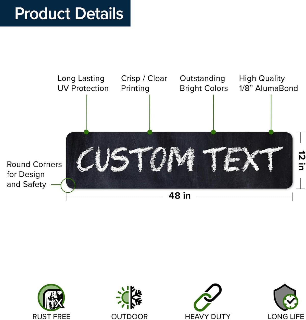 Custom Sign, Custom Street Sign, 11 Font Colors, 13 Font Styles, 4 Hole Options, 22 Sizes, 12x48