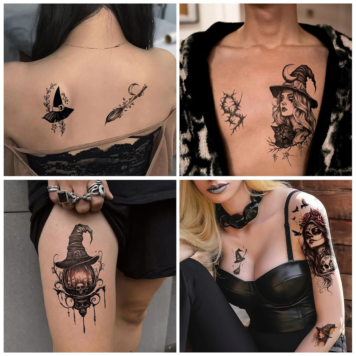 77 Sheets Witch Temporary Tattoos Women Men Adults, Skeleton Death Skull Pointed Black Hats Brooms