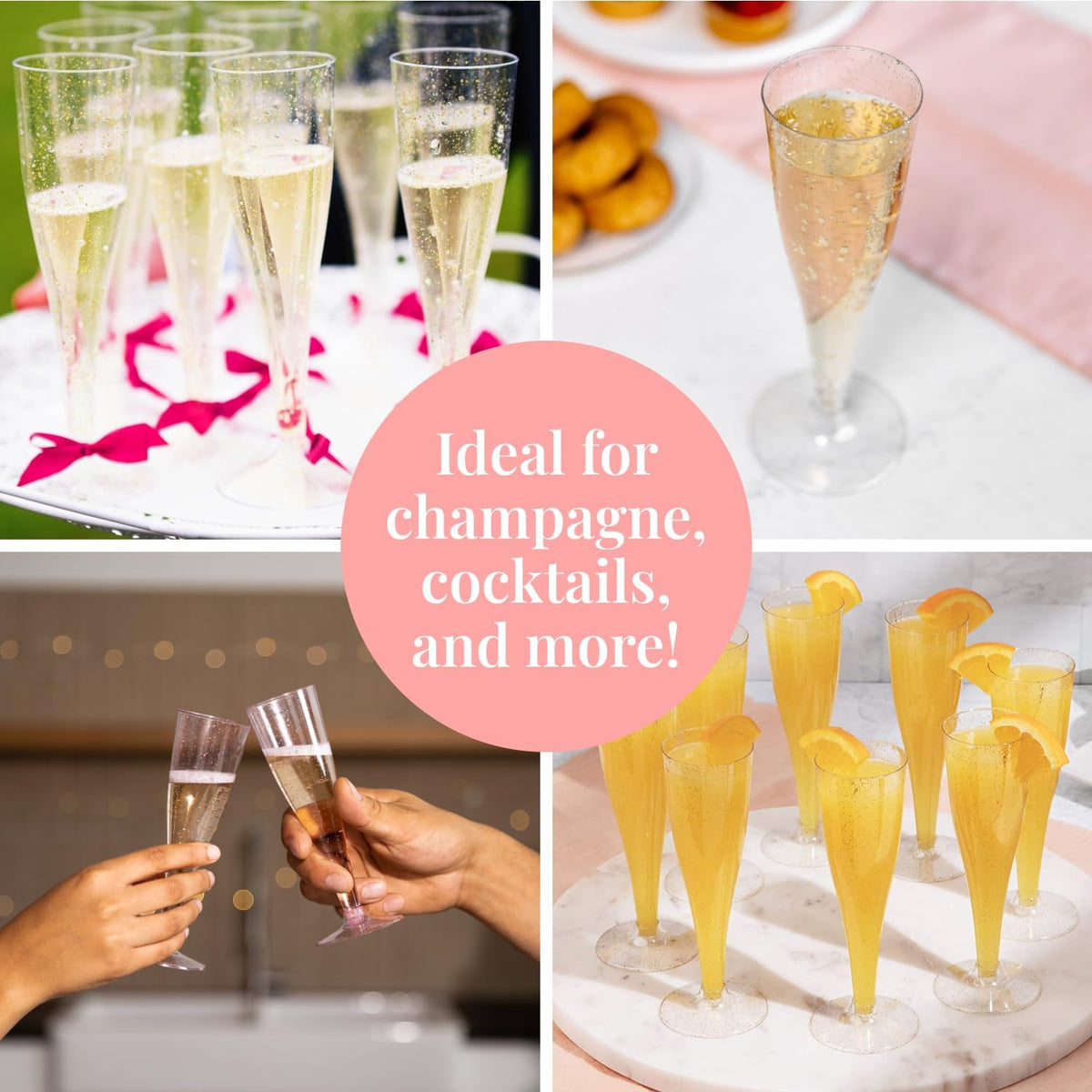 Prestee 24 Piece Plastic Champagne Flutes - 4.5 oz Plastic Wine Glasses with Rose Gold Glitter