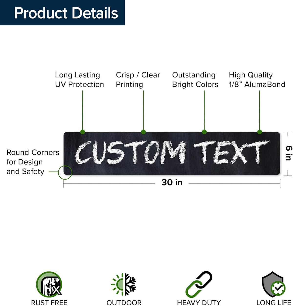 Custom Sign, Custom Street Sign, 11 Font Colors, 13 Font Styles, 4 Hole Options, 22 Sizes, 6x30