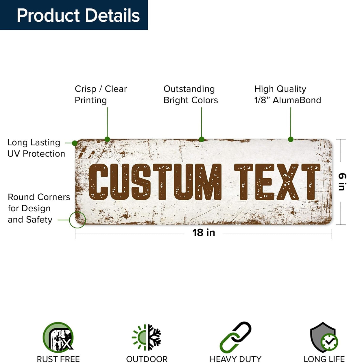 Custom Sign, Custom Street Sign, 11 Font Colors, 13 Font Styles, 4 Hole Options, 22 Sizes, 6x18