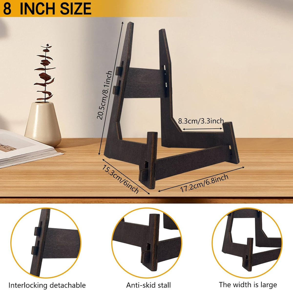 1 Pack 8 Inch Plate Stand, Wooden Display Stand Plate Stands for Display Decorative Picture Frame