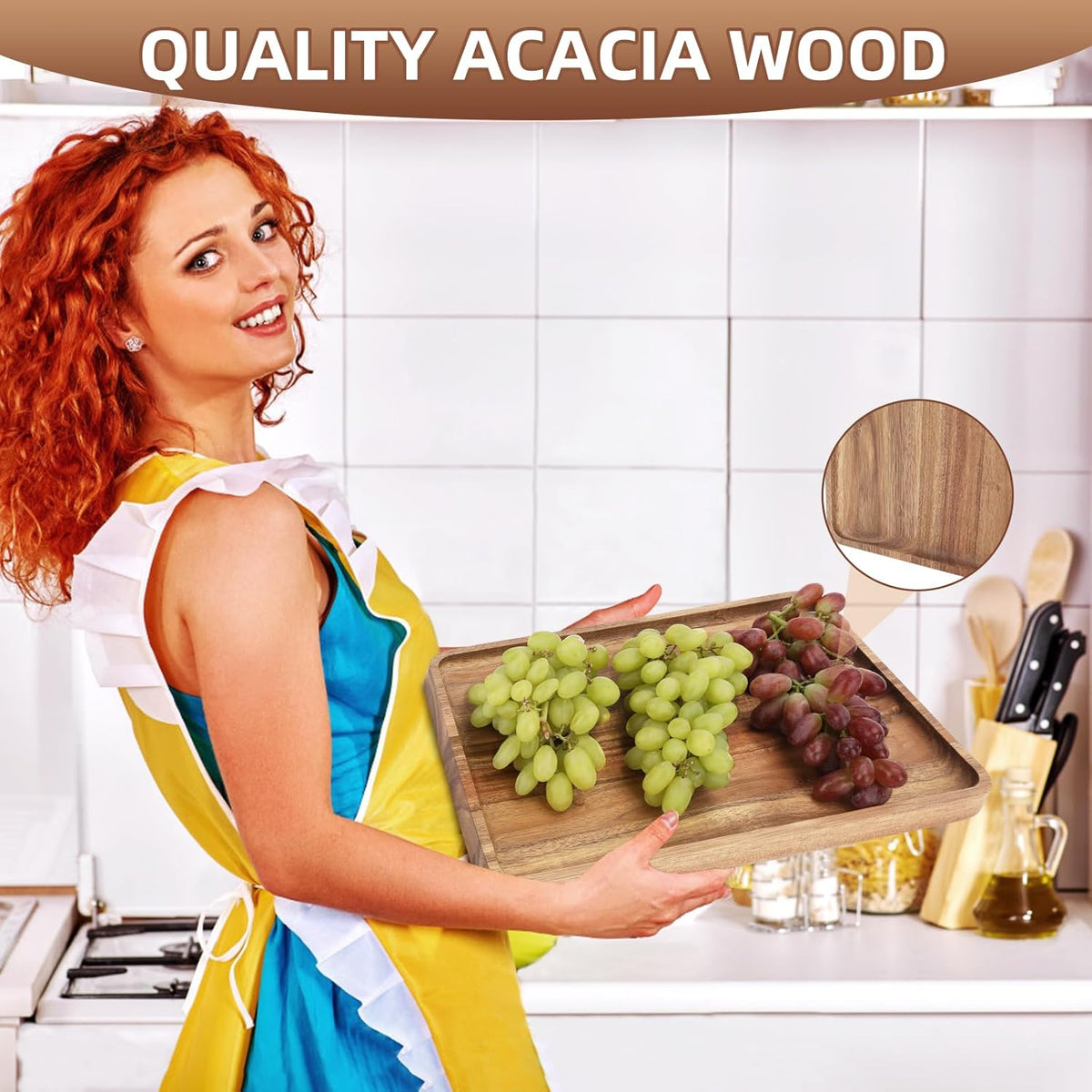 2 PCS Solid Acacia Wood Serving Trays 13 * 9 inch Rectangular Wooden Serving Platters Natural