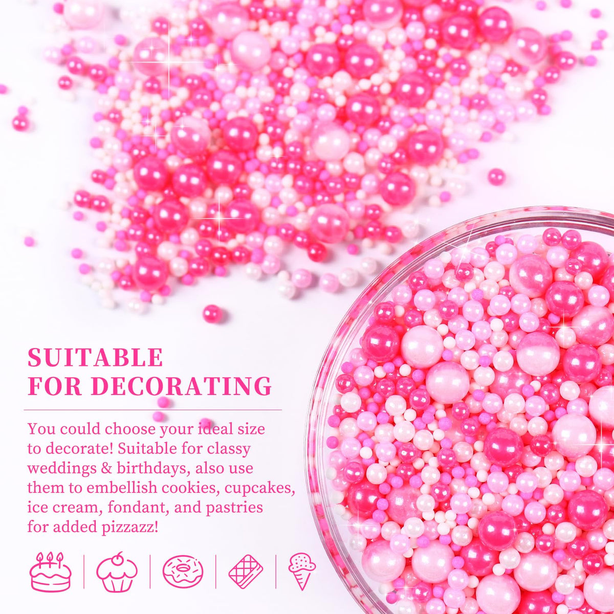 Edible Pink Sprinkles for Cake Decorating, Pearl Sprinkles, Edible Pearls, Cake Pearls for Baby