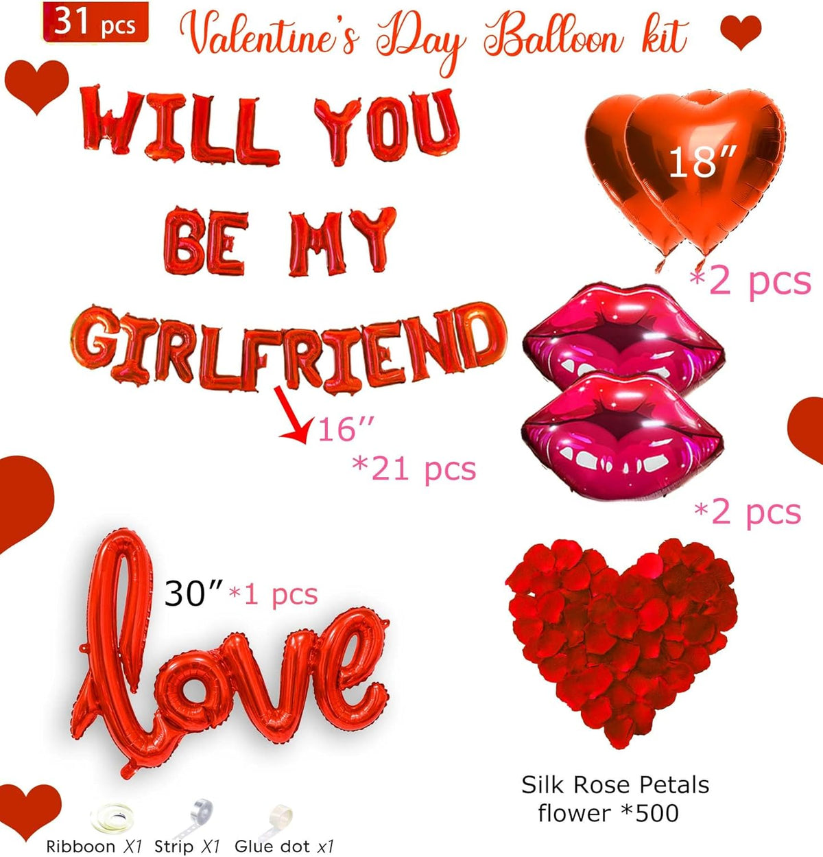 16 Inches Red 'WILL YOU BE MY GIRLFRIEND' Confession Letter Balloons with Heart-Shape, lips, love