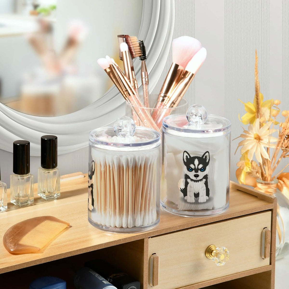 2 Pack Qtip Dispenser Apothecary Jars Dog Bathroom Organizer, Siberian Husky Puppy Qtip Holder