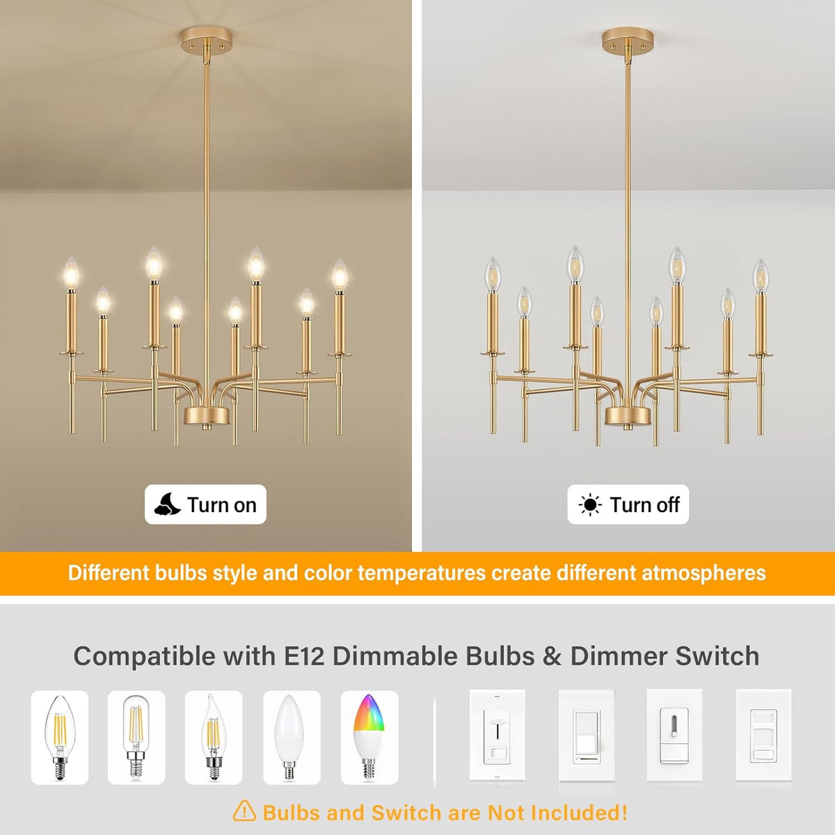 8 Light Gold Chandelier Light Fixture, Modern Farmhouse Chandeliers for Dining Room Light Fixture
