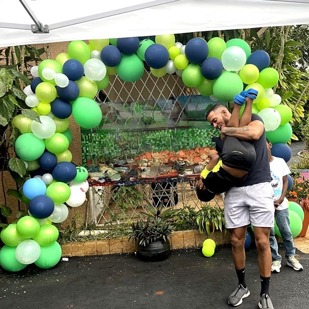 60 Pcs Navy Blue Matte Light Green Silver Latex Party Balloons with Green Silver Confetti for