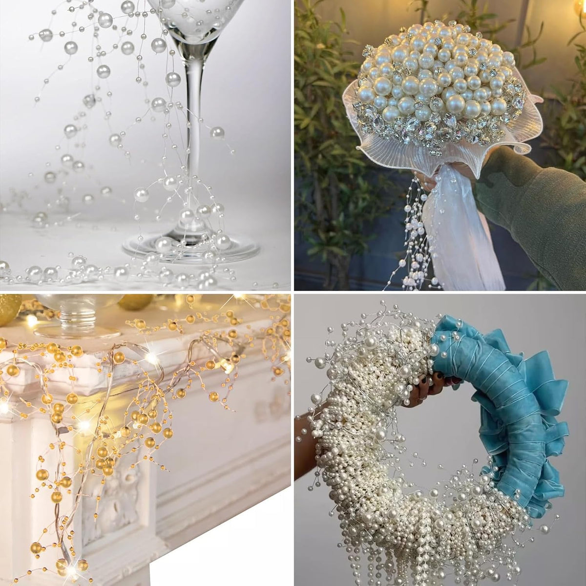 98FT Pearl Beads String Garland, 8mm 3mm Silver Faux Pearl Beads Roll Strand Bulk for Wedding Party