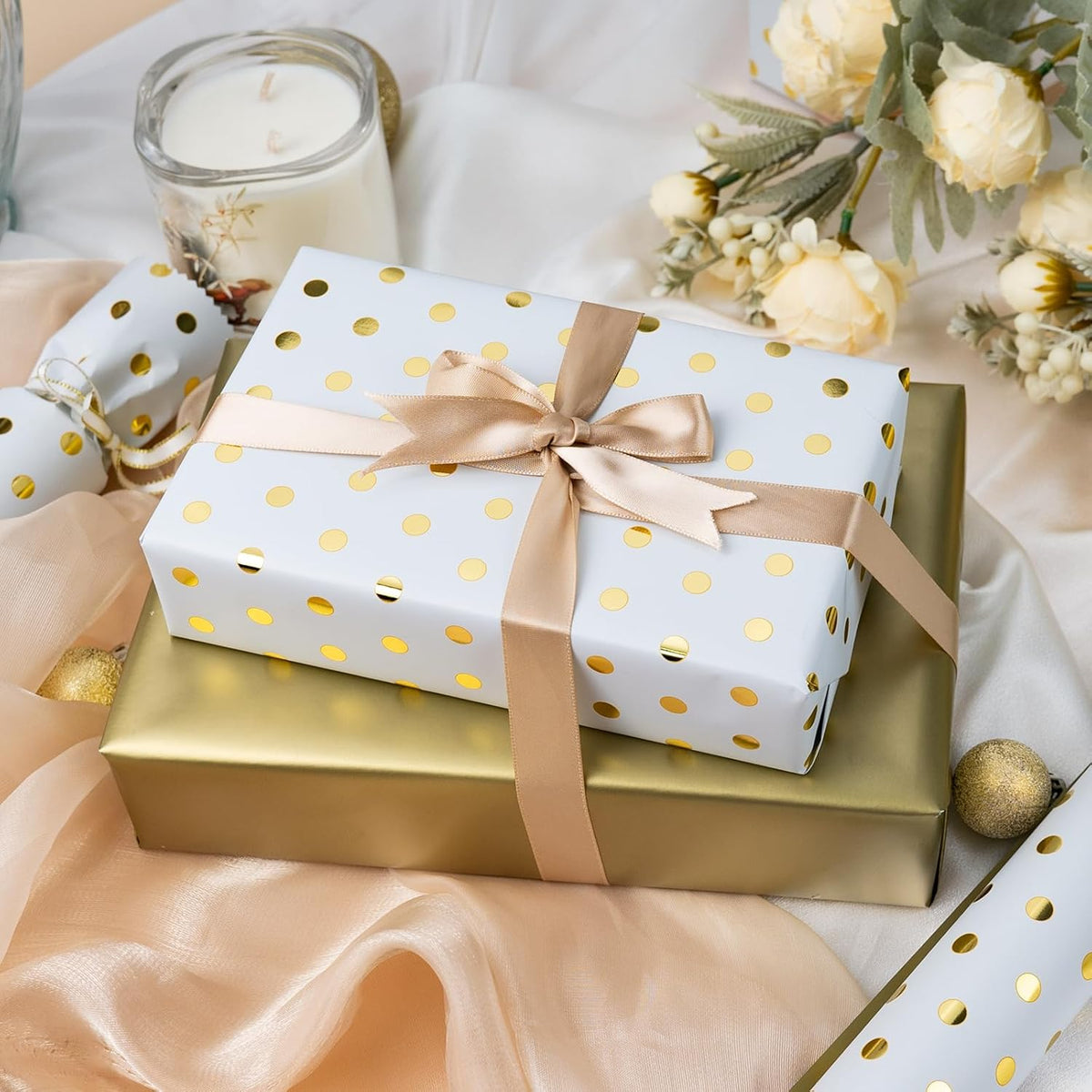 Flyhill Reversible Wrapping Paper-Mini Roll,Gold Foil and Polka Dot Design for