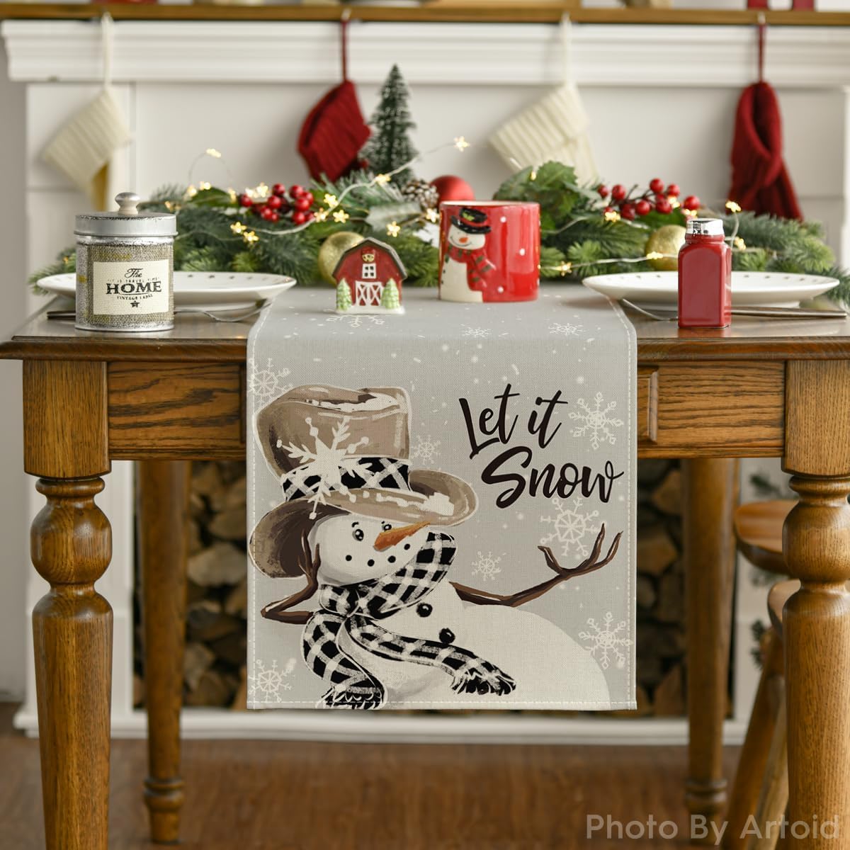Artoid Mode Grey Snowman Snowflake Let it Snow 2PCS Christmas Table Runner, Seasonal Winter Kitchen