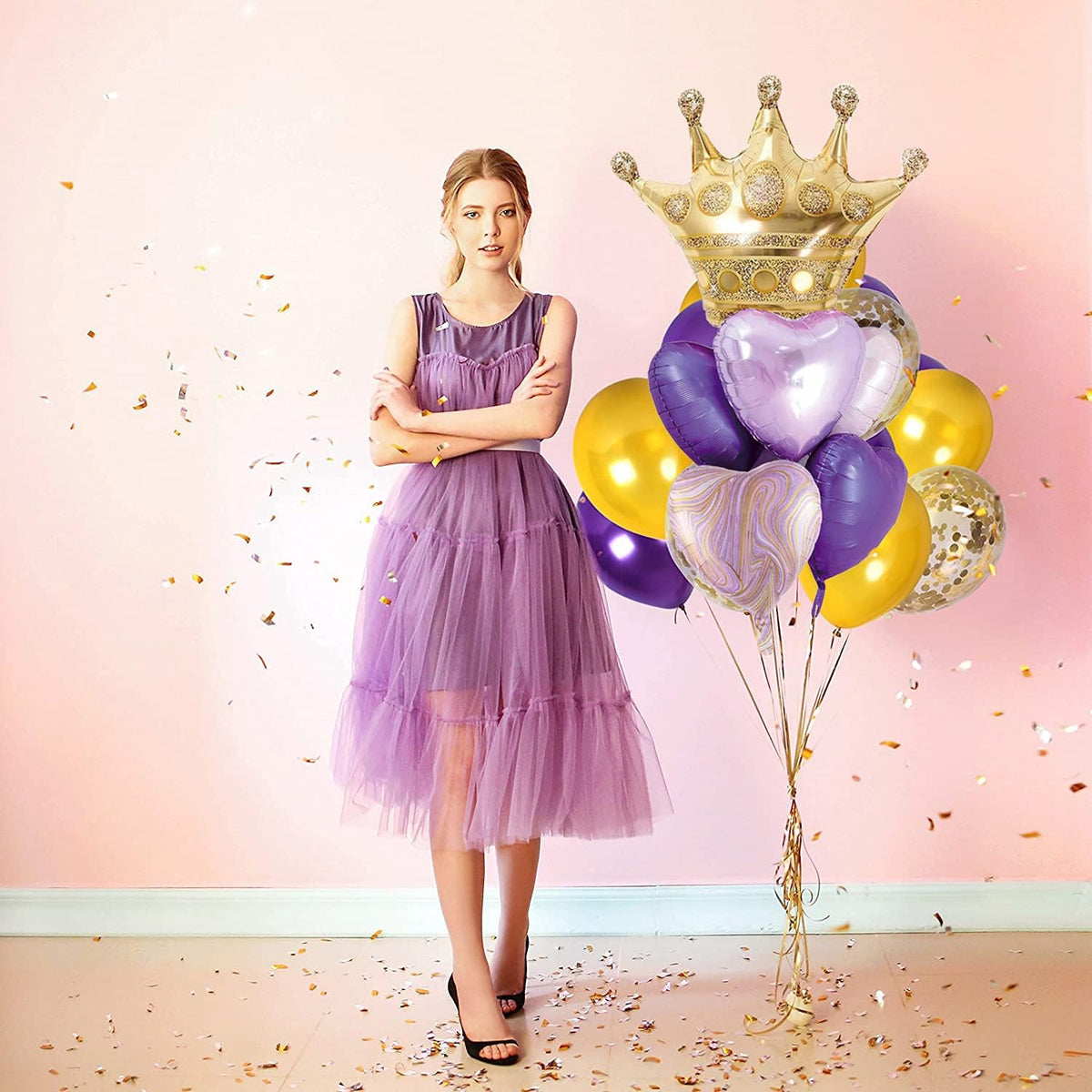 Purple Balloons Birthday Decorations,Gold Crown Princess Foil Balloons Set for Girls Women Party