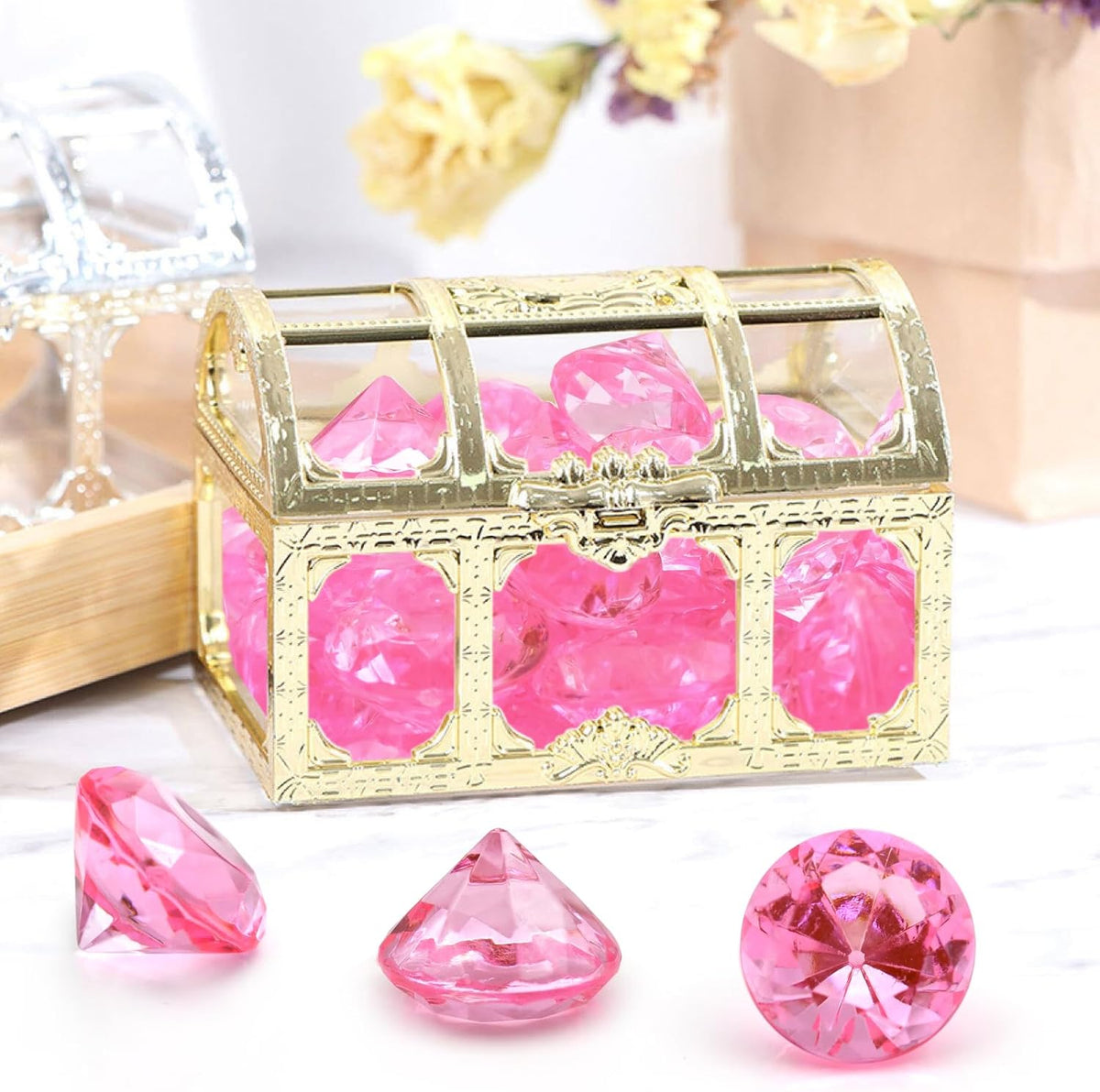 100 PCS Acrylic Diamond Gems, Pink Acrylic Diamonds 1 Inch Acrylic Gemstones Vase Filler Fake Gems