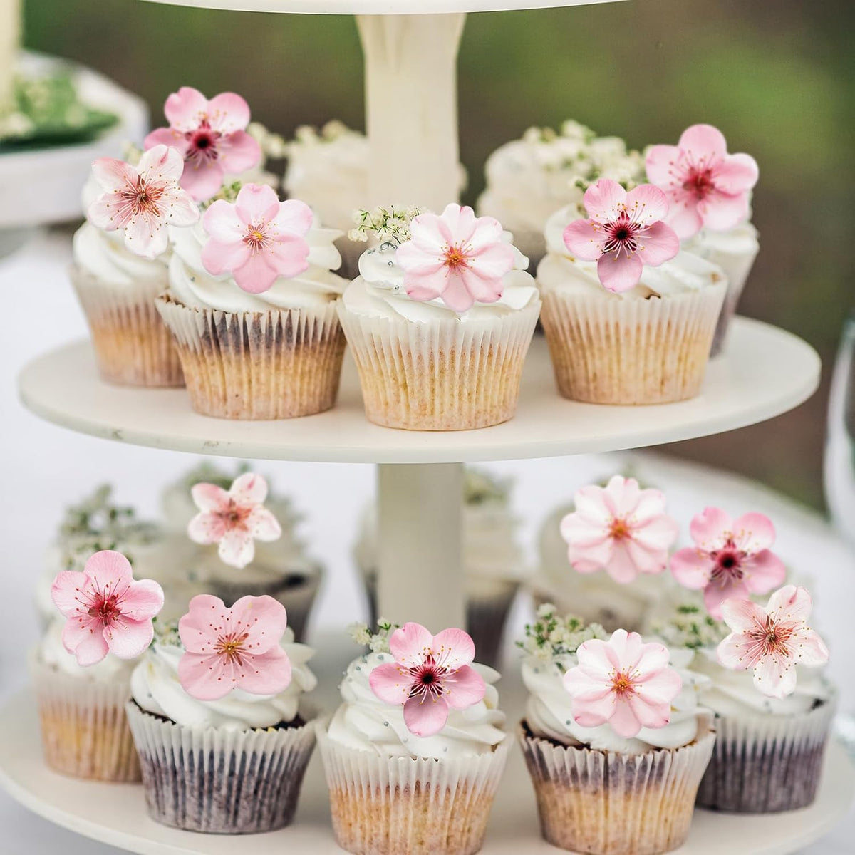 70PCS Edible Cherry Blossoms Cupcake Toppers Pink Edible Cherry Flowers Cake Decorations Wafer