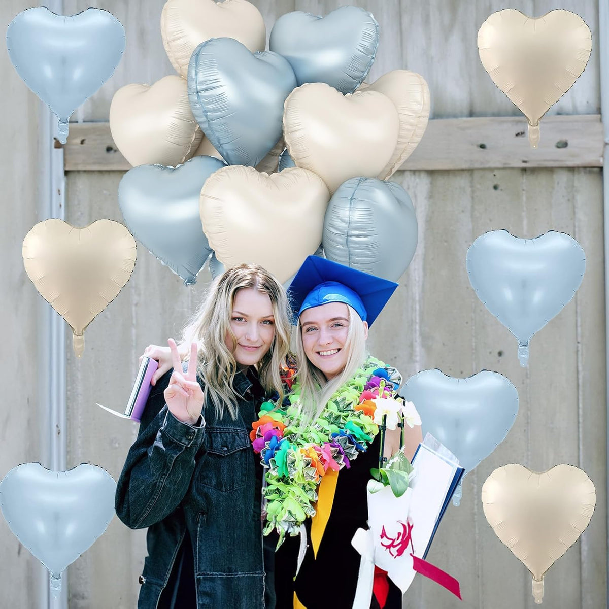 Blue White Heart Balloons, 18 Inch Baby Blue Cream Foil Heart Balloons, 10PCS Light Blue Nude Heart