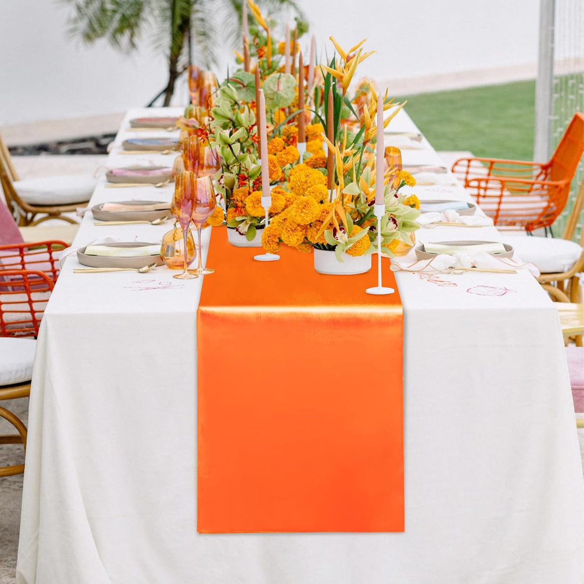 10 Pack Satin Table Runner 12 x 108 Inch Long Orange Silk Table Runner for Wedding Party Banquet