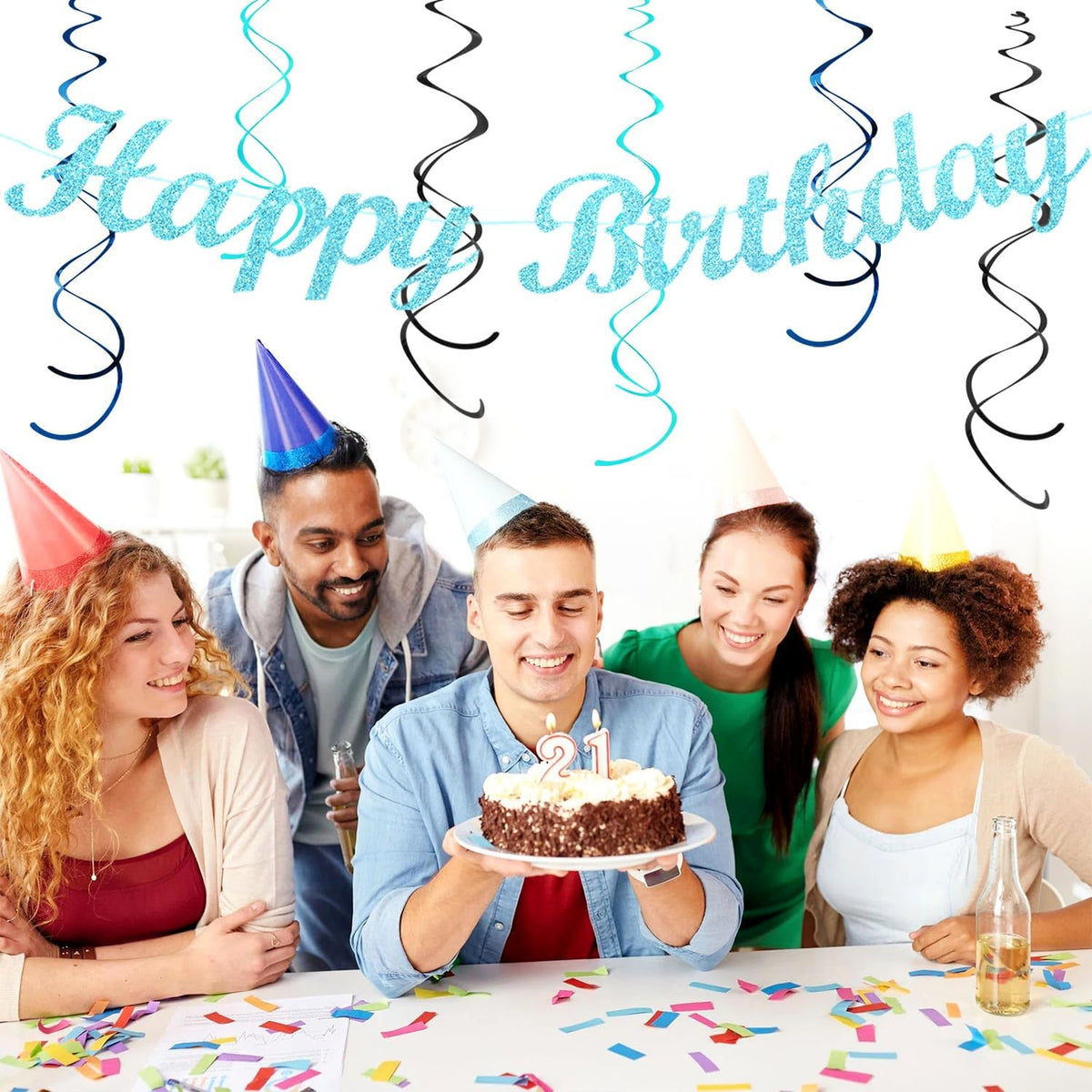 Light-Royal Navy-Blue Black Birthday Party-decorations - 21pcs Boys Men Happy Banner,Paper