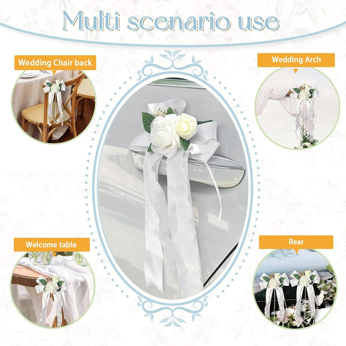 4PCS Wedding Car Door Handle Decorative Flowers, White Artificial Cars Bouquet Flower Bowknot
