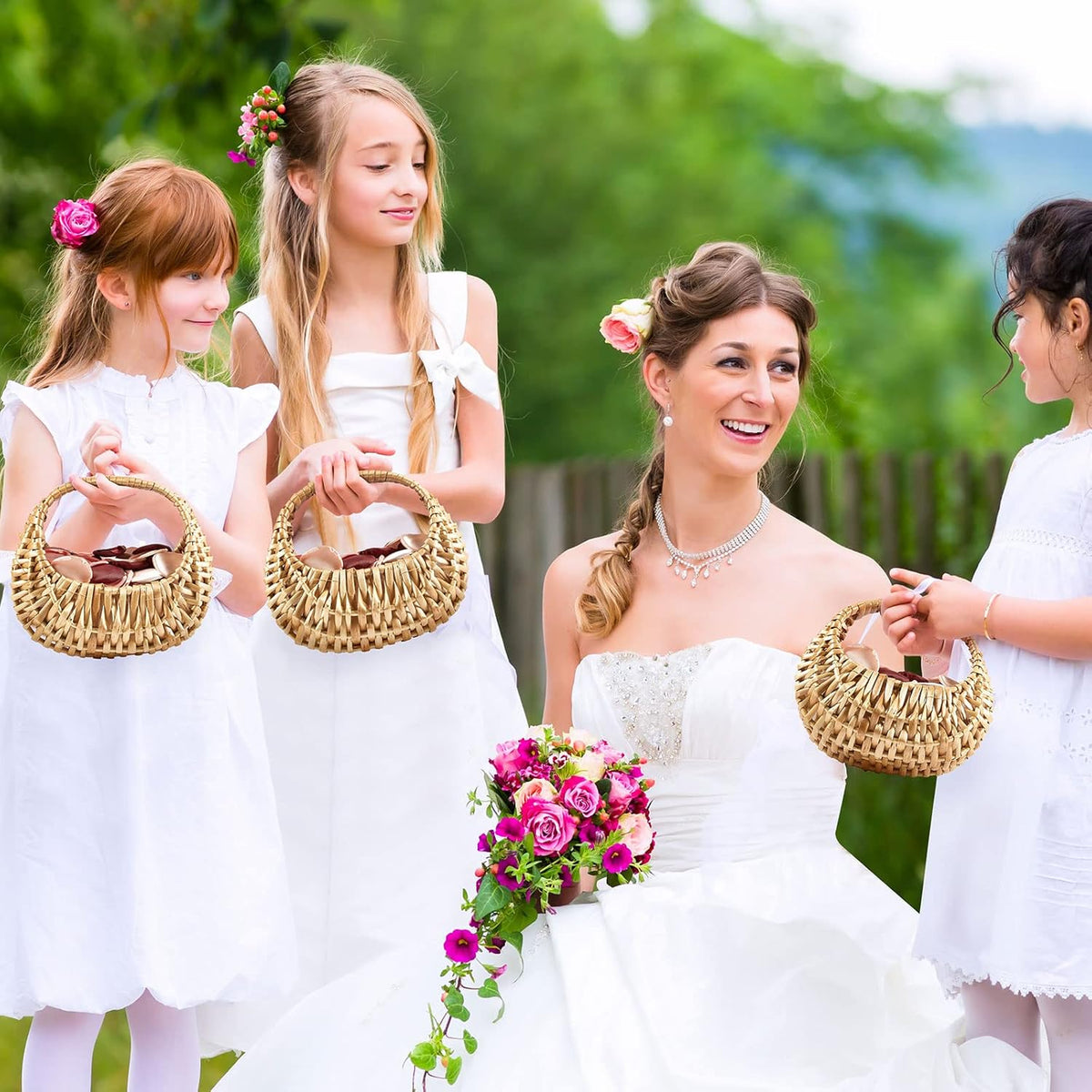 Taiyin 6 Pack Rattan Flower Girl Basket Small Half Moon Straw Wicker Basket with Handle Ideal for