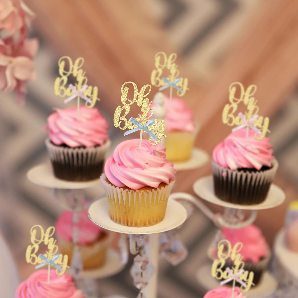 Gyufise 36Pcs Oh Baby Cupcake Toppers with Blue Pink Bowknot Gold Glitter Baby Shower Cupcake Picks