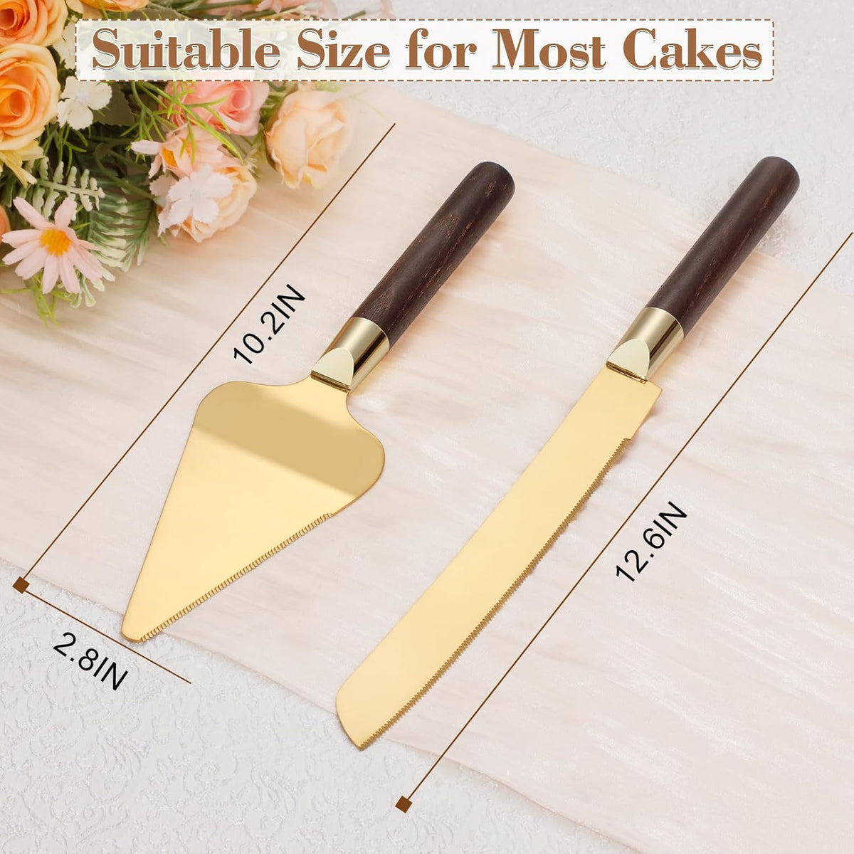 Gold Cake Cutting Set for Wedding, Wood Cake Knife and Server Set, Vintage 2-Piece Pie Cutter Set